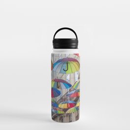 Umbrellas in Lisbon, Portugal art print- bright cheerful summer - street and travel photography Water Bottle