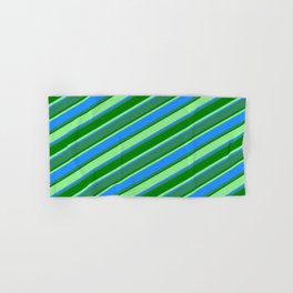 [ Thumbnail: Light Green, Blue, Sea Green, and Green Colored Stripes Pattern Hand & Bath Towel ]