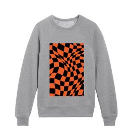 Warped Checkered Pattern in Orange and Black Halloween Colors, Trippy Check Liquid Swirl, Wavy Checkerboard Kids Crewneck
