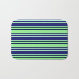 [ Thumbnail: Midnight Blue and Light Green Colored Striped/Lined Pattern Bath Mat ]