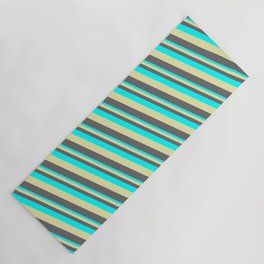 [ Thumbnail: Cyan, Pale Goldenrod & Dim Grey Colored Lines/Stripes Pattern Yoga Mat ]