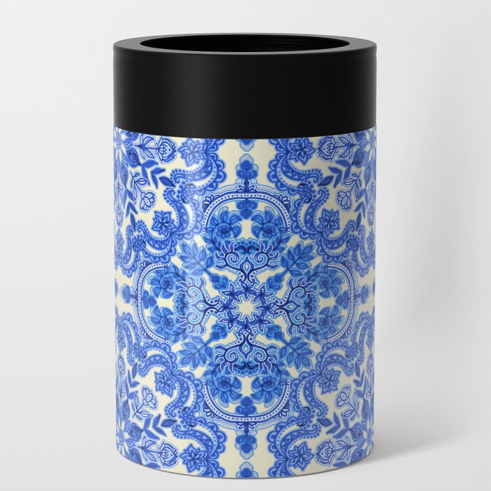 Cobalt Blue & China White Folk Art Pattern Can Cooler