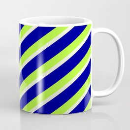 [ Thumbnail: Dark Blue, Light Green, and Beige Colored Striped Pattern Coffee Mug ]