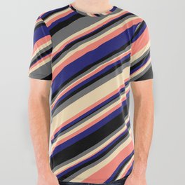 [ Thumbnail: Vibrant Black, Dim Gray, Tan, Salmon & Midnight Blue Colored Stripes Pattern All Over Graphic Tee ]