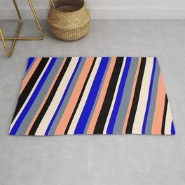 [ Thumbnail: Colorful Blue, Slate Gray, Light Salmon, Black, and Beige Colored Lined/Striped Pattern Rug ]