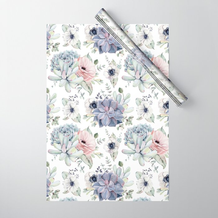 Succulents Blue + Rose Pink on White Wrapping Paper