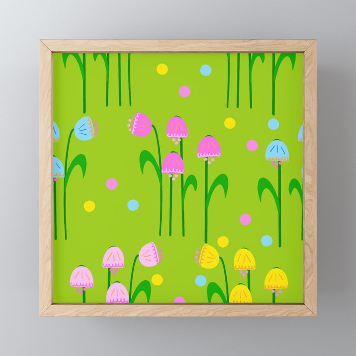 Sweet Blue Bells Spring Colors Flowers In Pink, Turquoise And Bright Yellow With Polka Dots Retro Modern Ditzy Scandi On A Grass Green Field Framed Mini Art Print