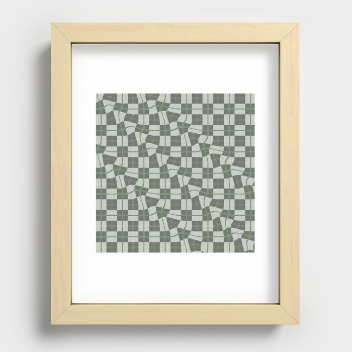 Warped Checkerboard Grid Illustration Green Gray Recessed Framed Print