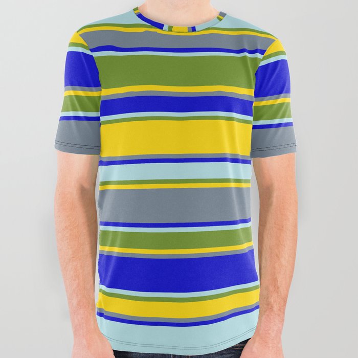 Colorful Powder Blue, Green, Yellow, Slate Gray & Blue Colored Striped Pattern All Over Graphic Tee