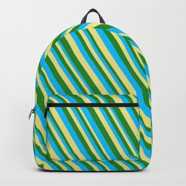 [ Thumbnail: Deep Sky Blue, Tan & Forest Green Colored Striped Pattern Backpack ]