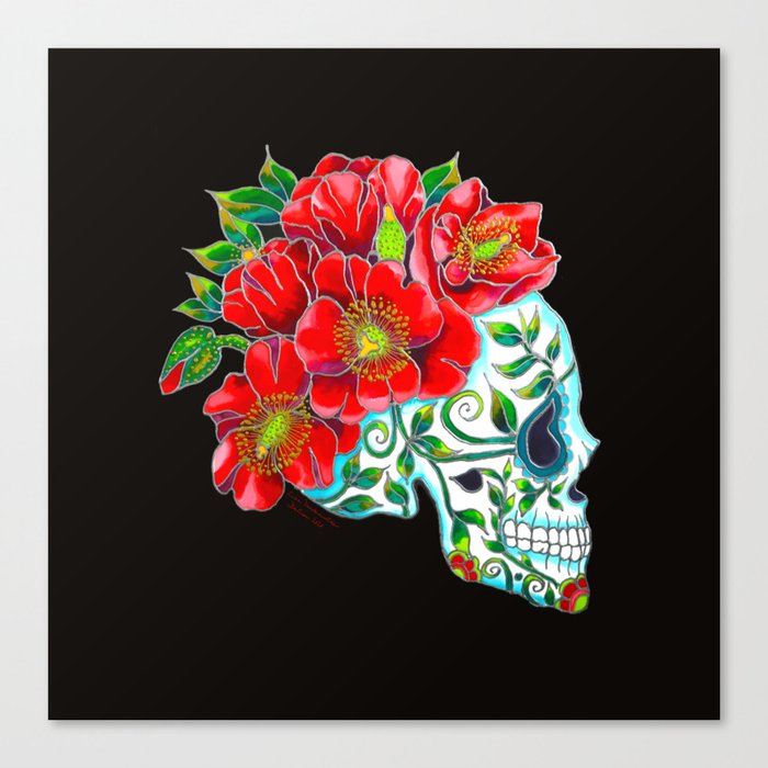 Sugar Skull with Red Poppies Canvas Print