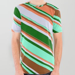 [ Thumbnail: Eyecatching Brown, Coral, Lavender, Dark Green & Aquamarine Colored Lines Pattern All Over Graphic Tee ]