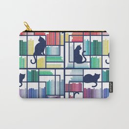 Rainbow bookshelf // white background navy blue shelf and library cats Carry-All Pouch