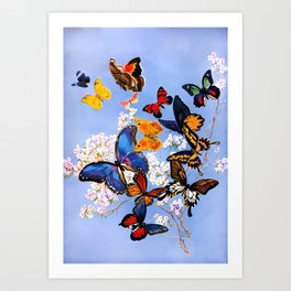 Tropical butterflies and apple blossoms floral blue sky portrait art print textile pattern Art Print