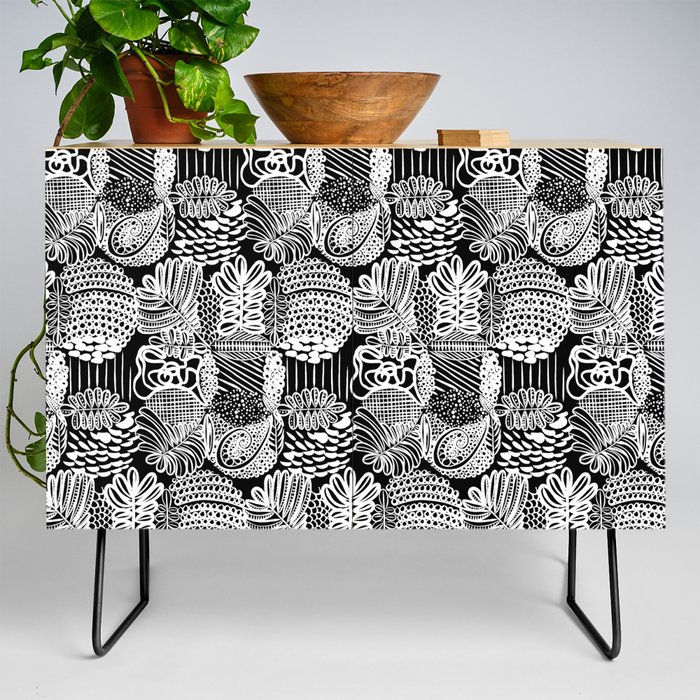 Black and White Abstract Line Art Plant Pattern Credenza
