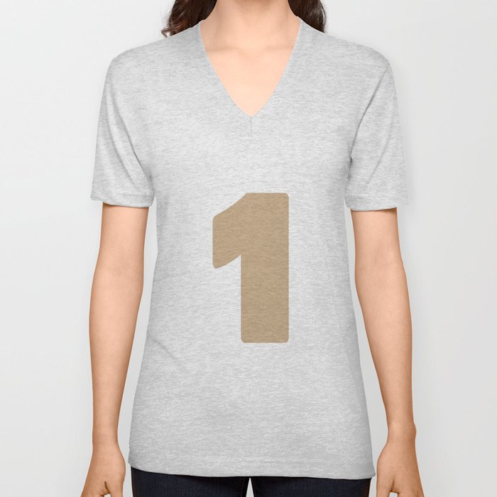 1 (Tan & White Number) V Neck T Shirt