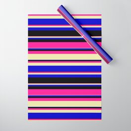 [ Thumbnail: Deep Pink, Pale Goldenrod, Blue, and Black Colored Striped/Lined Pattern Wrapping Paper ]