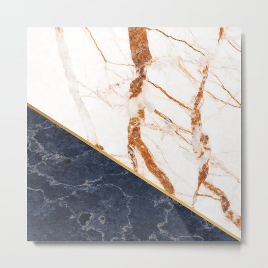 Classy Elegant White Blue Gold Marble Metal Print