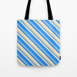 [ Thumbnail: Blue and Beige Colored Pattern of Stripes Tote Bag ]