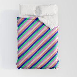 [ Thumbnail: Eyecatching Salmon, Blue, Green, Violet & Beige Colored Lines Pattern Duvet Cover ]