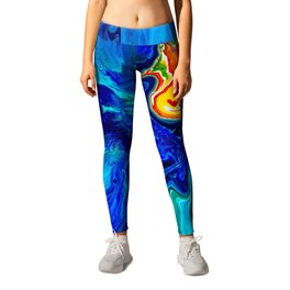 Ocean Angel Abstract Blue & Red Leggings | Beach, Seahorse, Nautical, Red, Unique, Water, Acrylic, Blue, Yellow, Tropical 