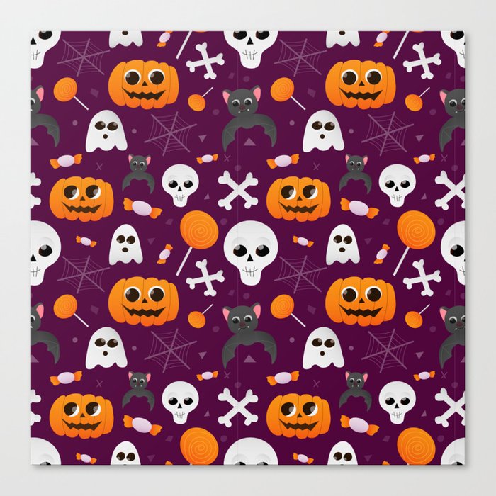 Halloween Cute Seamless Pattern with Pumpkins, Ghosts, Bats, Skulls and Sweets Canvas Print
