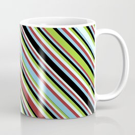 [ Thumbnail: Green, Light Cyan, Brown, Sky Blue & Black Colored Striped Pattern Coffee Mug ]