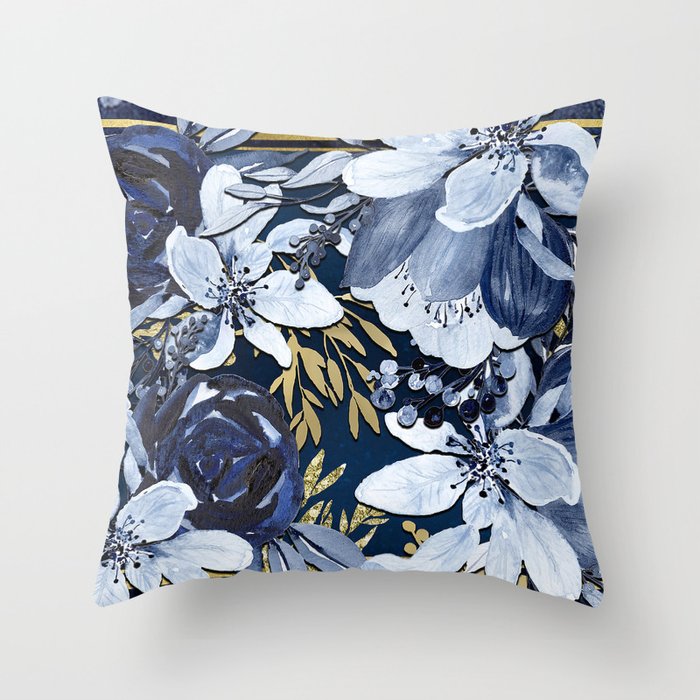 Navy Blue & Gold Watercolor Floral Throw Pillow