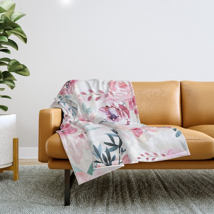 Pink Watercolor Florals I Throw Blanket