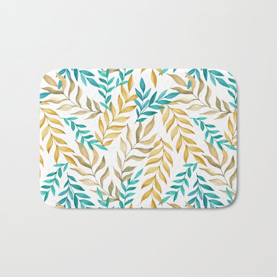 Tropical leaves (yellow and blue). Watercolor Bath Mat