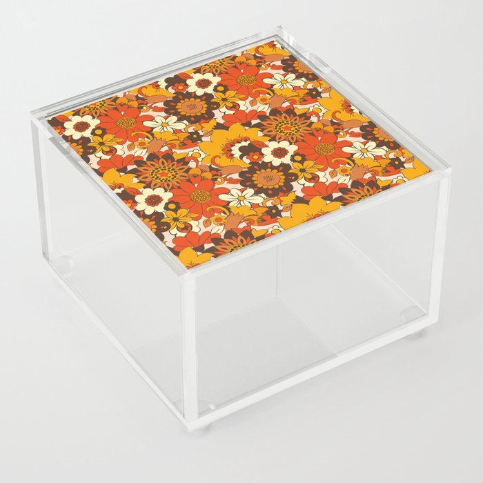 Retro 70s Flower Power, Floral, Orange Brown Yellow Psychedelic Pattern Acrylic Box