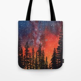 Colorful night sky and pine forest Tote Bag