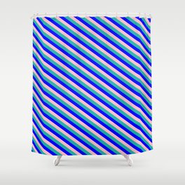 [ Thumbnail: Blue, Pink, and Light Sea Green Colored Lines Pattern Shower Curtain ]