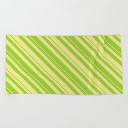 [ Thumbnail: Green and Tan Colored Lined/Striped Pattern Beach Towel ]