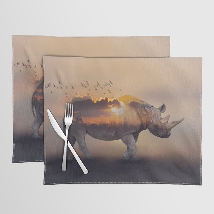 Double Exposure Effect of Rhinoceros at Sunset Placemat