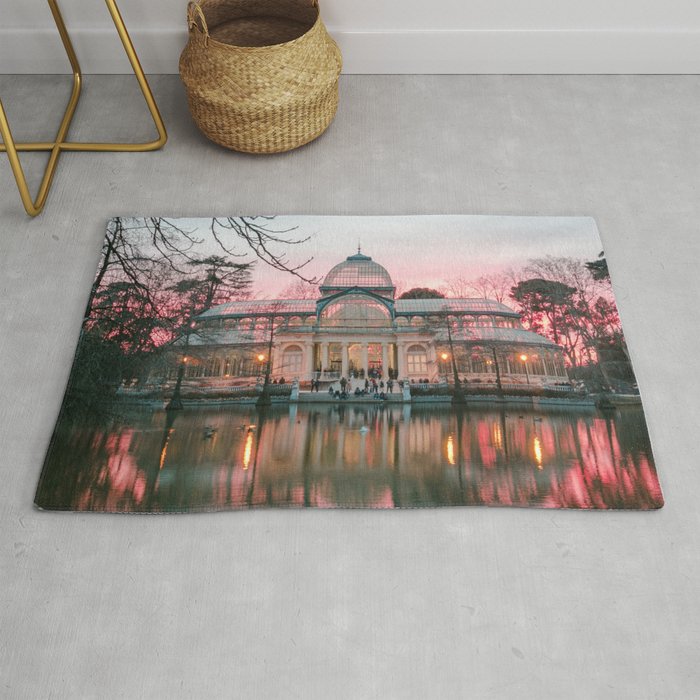 Spain Photography - The Glass Palace In Madrid By The Pink Sky  Rug