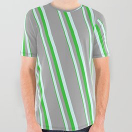 [ Thumbnail: Dark Gray, Light Cyan, and Lime Green Colored Lines Pattern All Over Graphic Tee ]