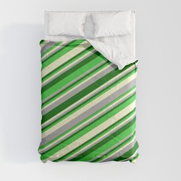 [ Thumbnail: Dark Gray, Dark Green, Lime Green & Light Yellow Colored Stripes/Lines Pattern Comforter ]