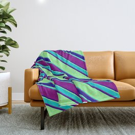 [ Thumbnail: Green, Dark Turquoise, Purple, and Dark Blue Colored Striped Pattern Throw Blanket ]