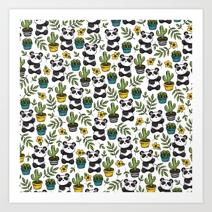 Panda Print, Succulents, Greenery and Cute Pandas, Flowers and Cactus Art Print