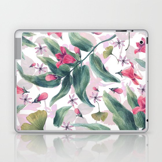 Modern Abstract Green Pink Red Watercolor  Foliage Floral Laptop & iPad Skin