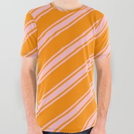 [ Thumbnail: Dark Orange and Pink Colored Lined Pattern All Over Graphic Tee ]