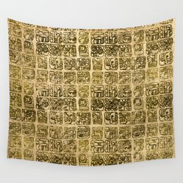 Mayan and aztec glyphs gold on vintage texture Wall Tapestry