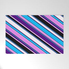 [ Thumbnail: Eyecatching Deep Sky Blue, Indigo, White, Violet & Black Colored Stripes/Lines Pattern Welcome Mat ]
