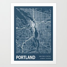 Portland Blueprint Street Map, Portland Colour Map Prints Art Print