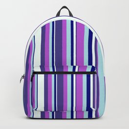 [ Thumbnail: Colorful Blue, Powder Blue, Orchid, Dark Slate Blue & Mint Cream Colored Lined/Striped Pattern Backpack ]