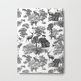 Elegant Vintage Black White Deer Fox Hare Country Toile  Metal Print | Trees, Stylish, Retro, 19Thcentury, Wildanimals, Graphicdesign, Landscape, Classy, Blackandwhite, Vintage 