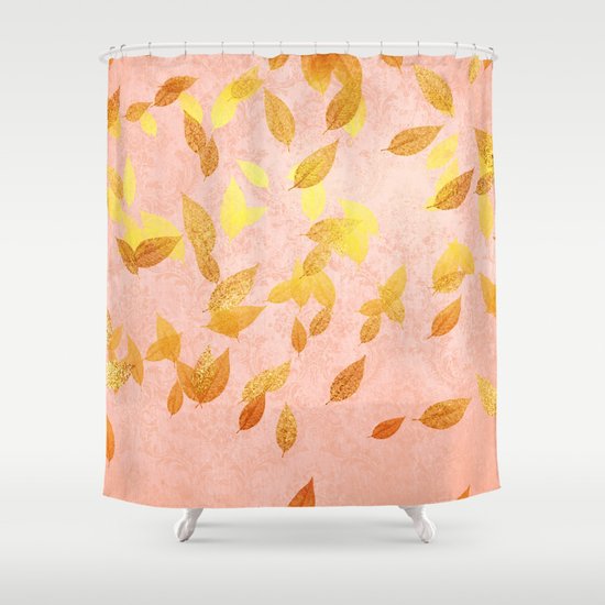 Autumn World 2 Gold Glitter Leaves On Pink Background