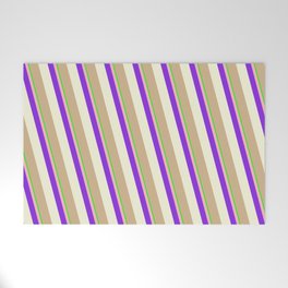 [ Thumbnail: Eye-catching Lime, Light Pink, Purple, Beige & Tan Colored Stripes Pattern Welcome Mat ]