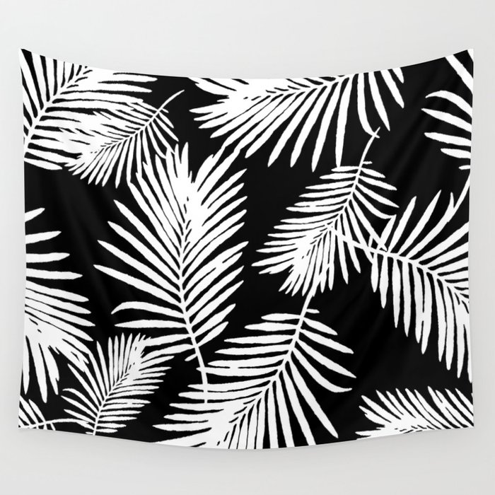 Tropical Palm Leaves Black And White Minimalistic Pattern Wall Tapestry